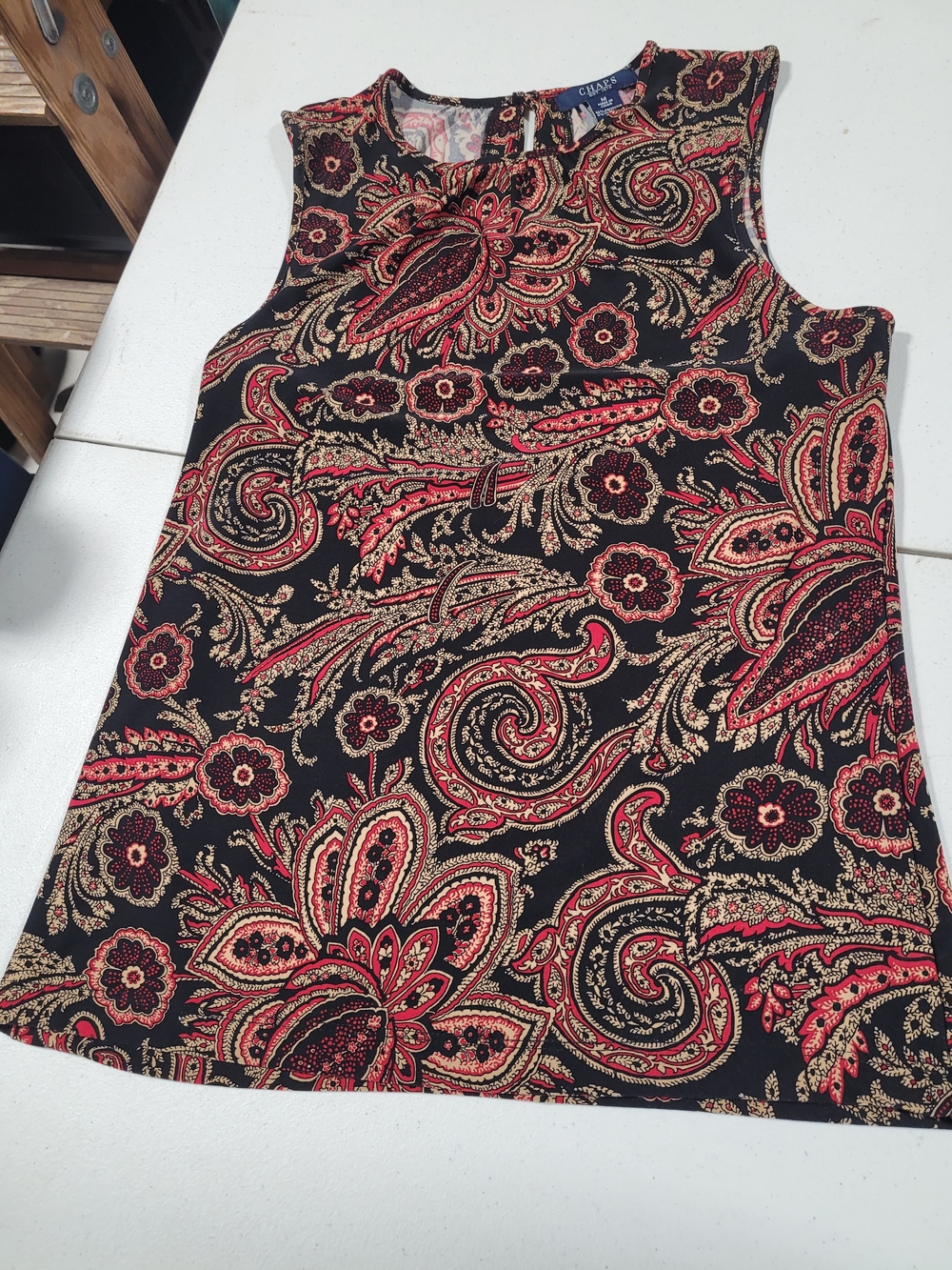 Chaps Black Tank Top with Red and Gold Paisley Print